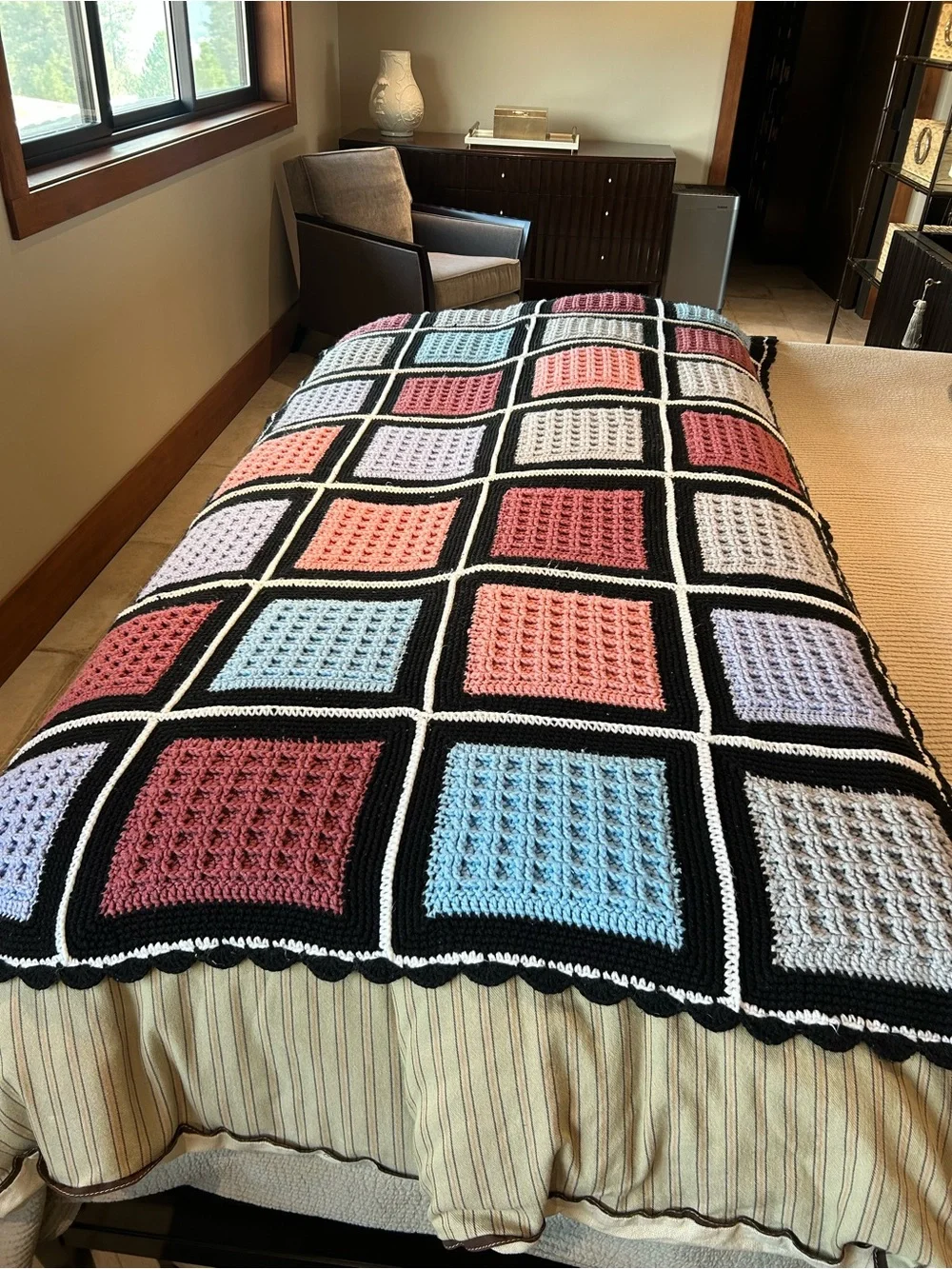 Hand Crafted Crochet Patchwork Throw in Pink, Blue, Lavender & Black